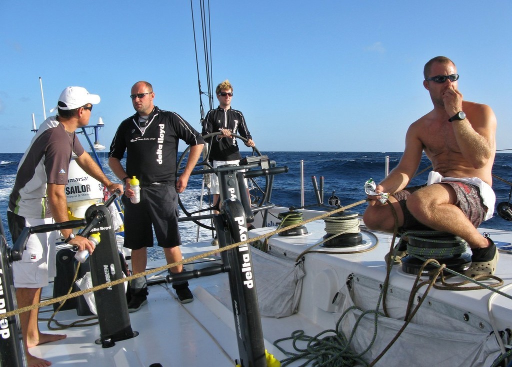 Sander Pluijm/Team Delta Lloyd: The crew of Team Delta Lloyd plan their next move on day 5 of leg 1 of the Volvo Ocean Race. Yesterday they passed marocco and this morning they jibed near the cost of the Canaris, Fortafentura.<br />
<br />
 © Volvo Ocean Race http://www.volvooceanrace.com