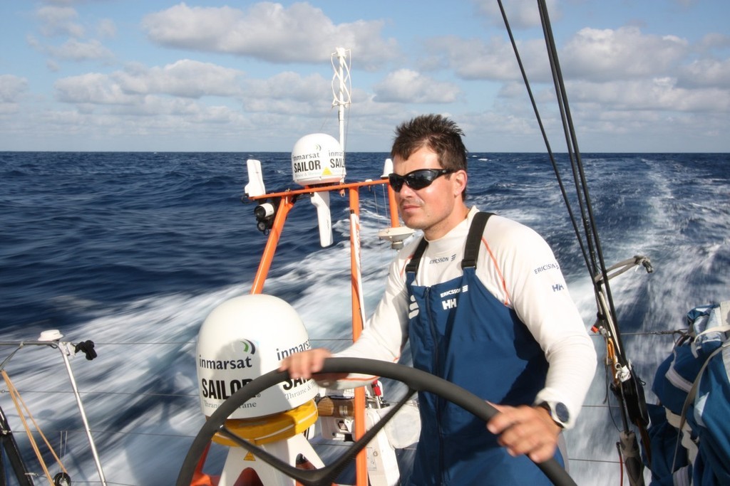 Guy Salter/Ericsson 4: <br />
Joao Signorini helming Ericsson 4 on leg 1 of the Volvo Ocean Race<br />
<br />
 © Volvo Ocean Race http://www.volvooceanrace.com