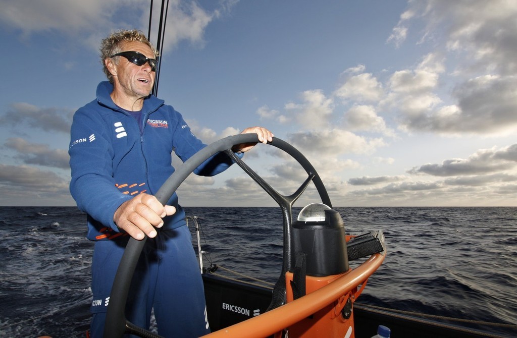 Magnus Olsson helming on a beautiful morning with perfect breeze, 12-16 knots. Image by: Gustav Morin/Ericsson Racing Team: photo copyright Volvo Ocean Race http://www.volvooceanrace.com taken at  and featuring the  class