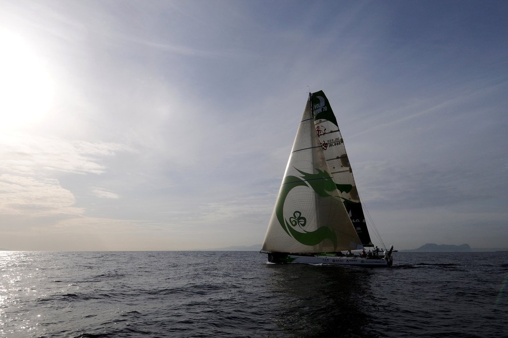Green Dragon heads into the Gibraltar strait during leg 1 of the Volvo Ocean Race.<br />
<br />
 ©  David Kneale/Volvo Ocean Race http://www.volvooceanrace.com/