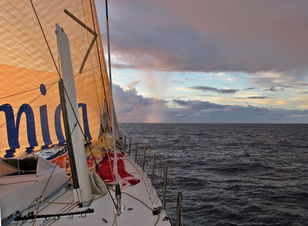 Telefonica Black at dusk in the Doldrums, on leg 1 of the Volvo Ocean Race © Volvo Ocean Race http://www.volvooceanrace.com
