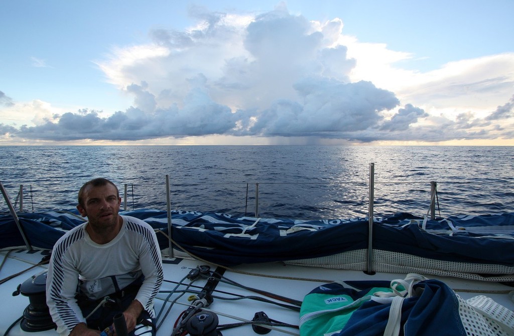 Guy Salter/Ericsson 4: <br />
Ryan Godfrey at sunrise in the Doldrums on leg 1 of the Volvo Ocean Race<br />
<br />
 © Volvo Ocean Race http://www.volvooceanrace.com