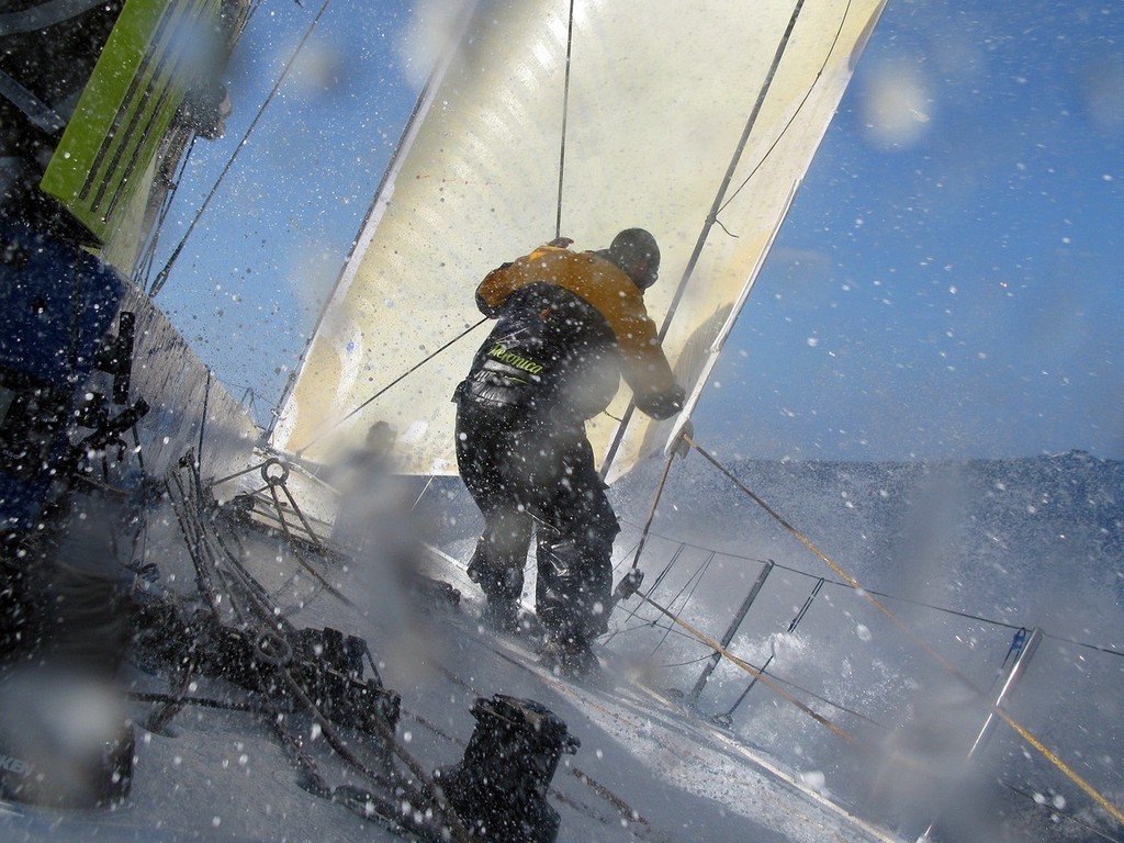 Gabriele Olivo/Equipo Telefonica/Volvo Ocean Race.<br />
Trimmer/Driver Pablo Arrate adjusting the leech line onboard Telefonica Blue during Leg One of the Volvo Ocean Race.<br />
<br />
 © Volvo Ocean Race http://www.volvooceanrace.com