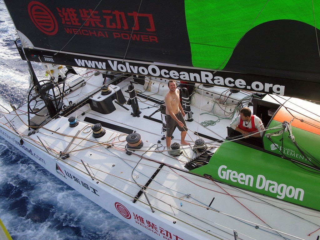 Guo Chuan/Green Dragon Racing/Volvo Ocean Race.<br />
Driver/Trimmer Phil Harmer and Bowman Andrew McLean onboard Green Dragon, fighting for the lead during Leg 1.<br />
<br />
 © Volvo Ocean Race http://www.volvooceanrace.com