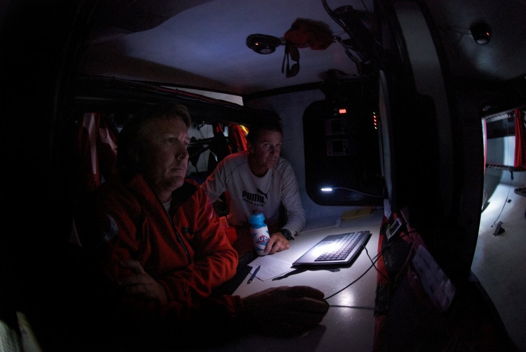 Rick Deppe/PUMA Ocean Racing/Volvo Ocean Race.<br />
Navigator Andrew Cape and skipper Ken Read discuss tactics as they head towards Cape Town, on leg 1 of the Volvo Ocean Race<br />
<br />
 © Volvo Ocean Race http://www.volvooceanrace.com