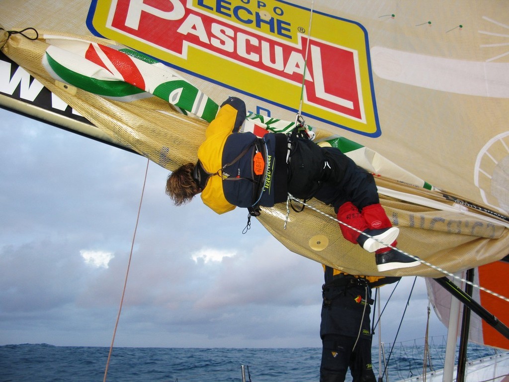 Mikel Pasabant/Equipo Telefonica/Volvo Ocean Race.<br />
Antonio Cuervas reefing the sail onboard Telefonica Black as they head towards Cape Town on leg 1 of the Volvo Ocean Race<br />
 © Volvo Ocean Race http://www.volvooceanrace.com