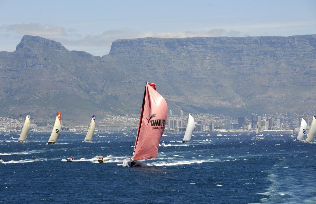 The fleet park up in Table Bay as the winds drops at the start of leg 2 of the Volvo Ocean Race © Rick Tomlinson/Volvo Ocean Race http://www.volvooceanrace.com