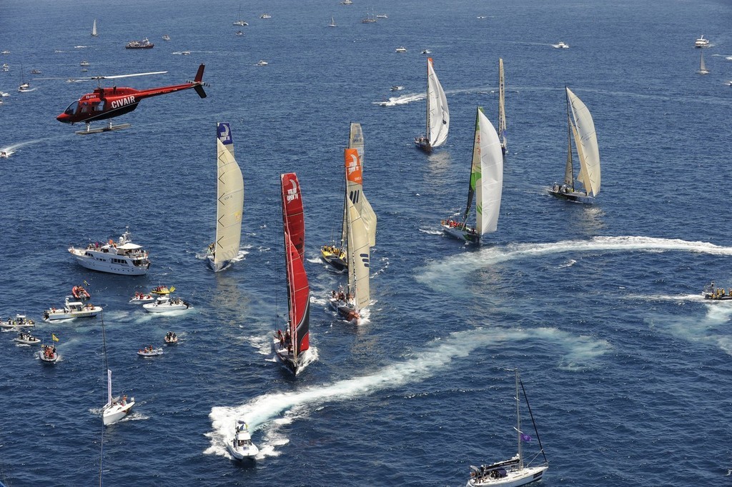 The fleet park up in Table Bay as the winds drops at the start of leg 2 of the Volvo Ocean Race from Cape Town, South Africa to Cochin, India<br />
<br />
 © Rick Tomlinson/Volvo Ocean Race http://www.volvooceanrace.com