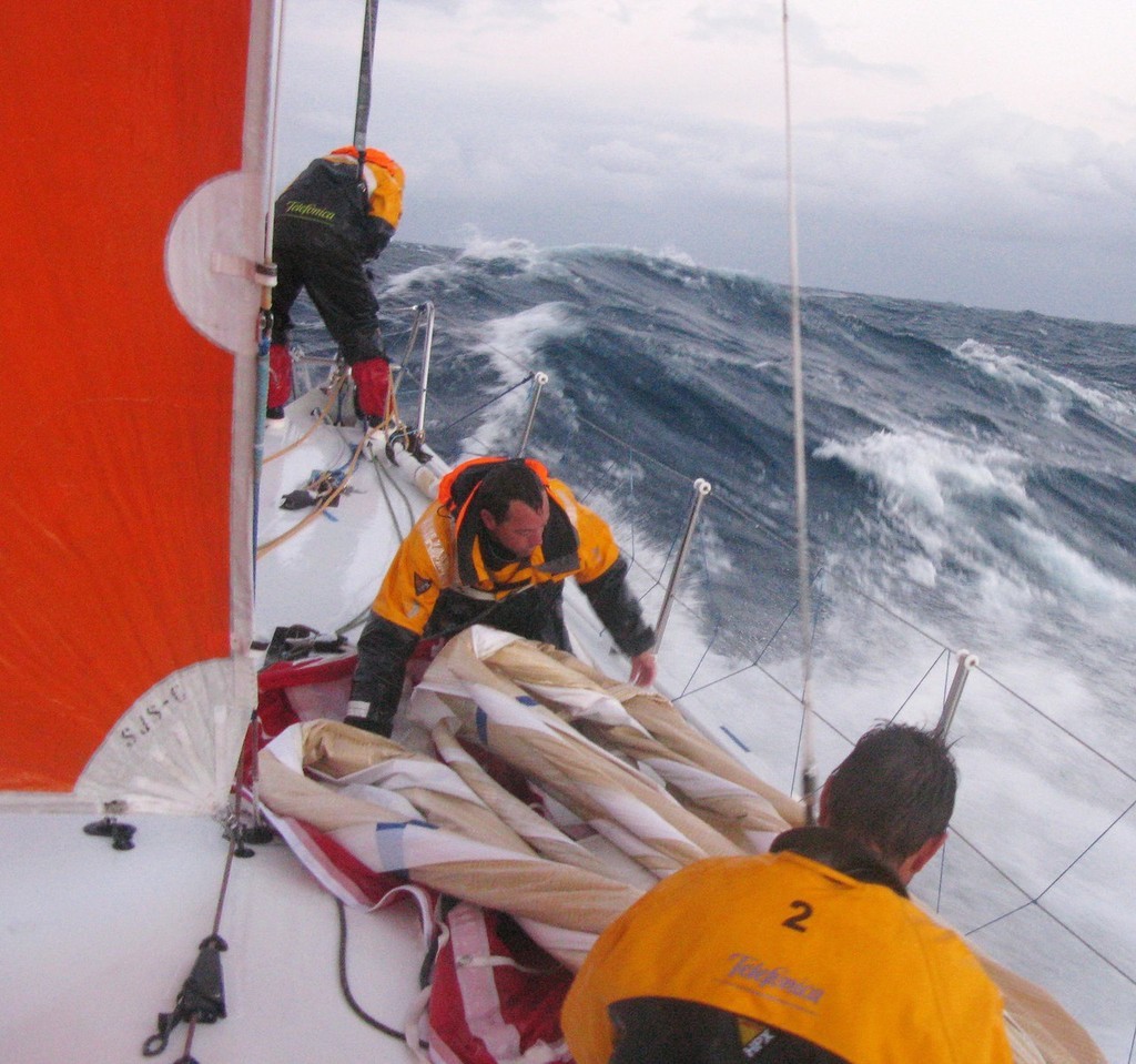 Gabriele Olivo/Telefonica Blue/Volvo Ocean Race.<br />
Sail changes onboard Telefonica Black, in 38 knots of wind, with Pepe Ribes on the bow and Iker Martinez and Simon Fisher preparing the sail, on leg 2 of the Volvo Ocean Race © Gabriele Olivo/Telefonica Blue/Volvo Ocean Race http://www.volvooceanrace.org