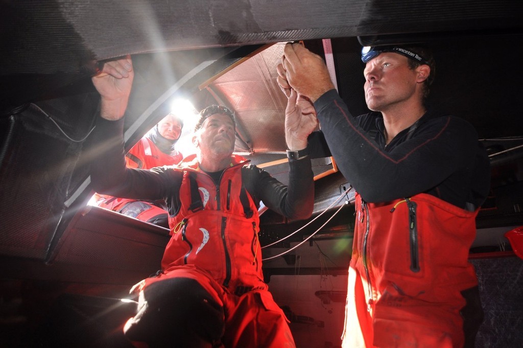 Rick Deppe/PUMA Ocean Racing/Volvo Ocean Race.<br />
(l-r) Rob Salthouse from New Zealand and Casey Smith from Australia.The crew of PUMA Ocean Racing make repairs to their boat after sustaining serious structural damage in rough seas, for the second time in 24 hours.<br />
 © Rick Deppe/PUMA Ocean Racing/Volvo Ocean Race http://www.volvooceanrace.org