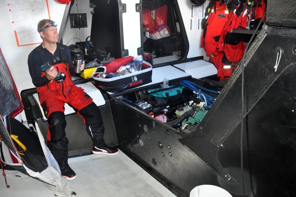 For EDITORIAL USE only, Rick Deppe/PUMA Ocean Racing/Volvo Ocean Race 
 
Casey Smith from Australia 
 
The crew of PUMA Ocean Racing make repairs to their boat after sustaining serious structural damage in rough seas, for the second time in 24 hours.. 
 
Previously, they crashed off a wave which caused several cracks in the longitudinal frames of the bow section. They bent the bow pulpit and shredded an asymmetric spinnaker in the process. The fix took seven hours but cost PUMA Oc photo copyright Rick Deppe/PUMA Ocean Racing/Volvo Ocean Race http://www.volvooceanrace.org taken at  and featuring the  class