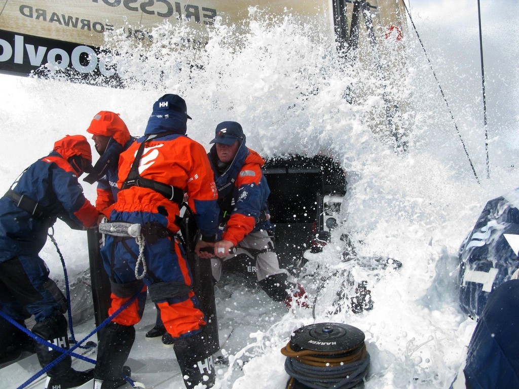 Guy Salter/Ericsson 4/Volvo Ocean Race. <br />
The crew of Ericsson 4 prepare to be hit by a huge wave, on leg 2  © Guy Salter/Ericsson 4/Volvo Ocean Race http://www.volvoceanrace.org