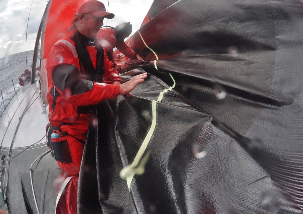 Navigator Andrew Cape and the crew changing sails onboard PUMA Ocean Racing’s il mostro, on leg 2  © Rick Deppe/PUMA Ocean Racing/Volvo Ocean Race http://www.volvooceanrace.org