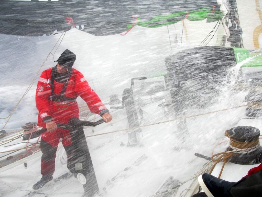 Freddie Shanks grinding on rough weather, onboard Green Dragon, on leg 2 of the Volvo Ocean Race © Guo Chuan/Green Dragon Racing/Volvo Ocean Race http://www.volvooceanrace.org