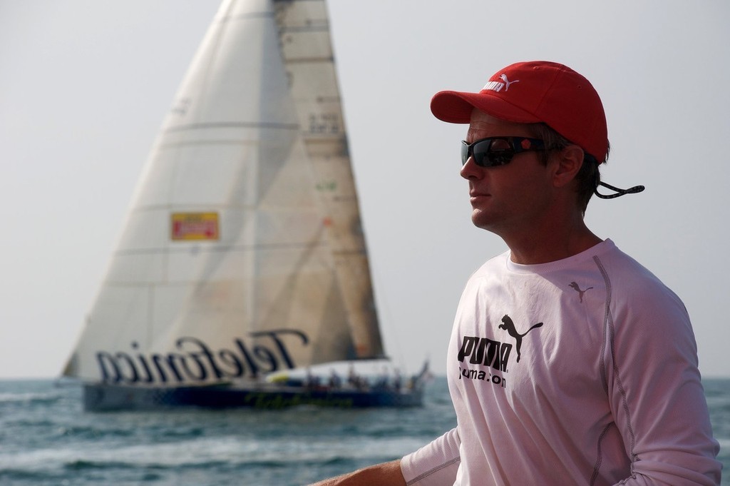Chris Nicholson onboard il mostro, with Telefonica Blue racing alongside, at the start of leg 3 of the Volvo Ocean Race © Rick Deppe/PUMA Ocean Racing/Volvo Ocean Race http://www.volvooceanrace.org