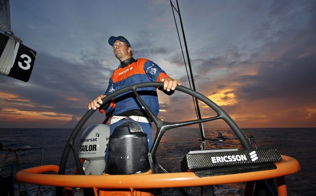 Thomas Johanson helming Ericsson 3 at sunset, on leg 3 of the Volvo Ocean Race from India to Singapore<br />
 © Gustav Morin/Ericsson Racing Team/Volvo Ocean Race http://www.volvooceanrace.org
