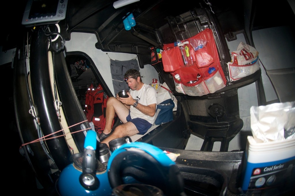 Rob Salthouse eating onboard il mostro, on leg 3 of the Volvo Ocean Race from India to Singapore © Rick Deppe/PUMA Ocean Racing/Volvo Ocean Race http://www.volvooceanrace.org