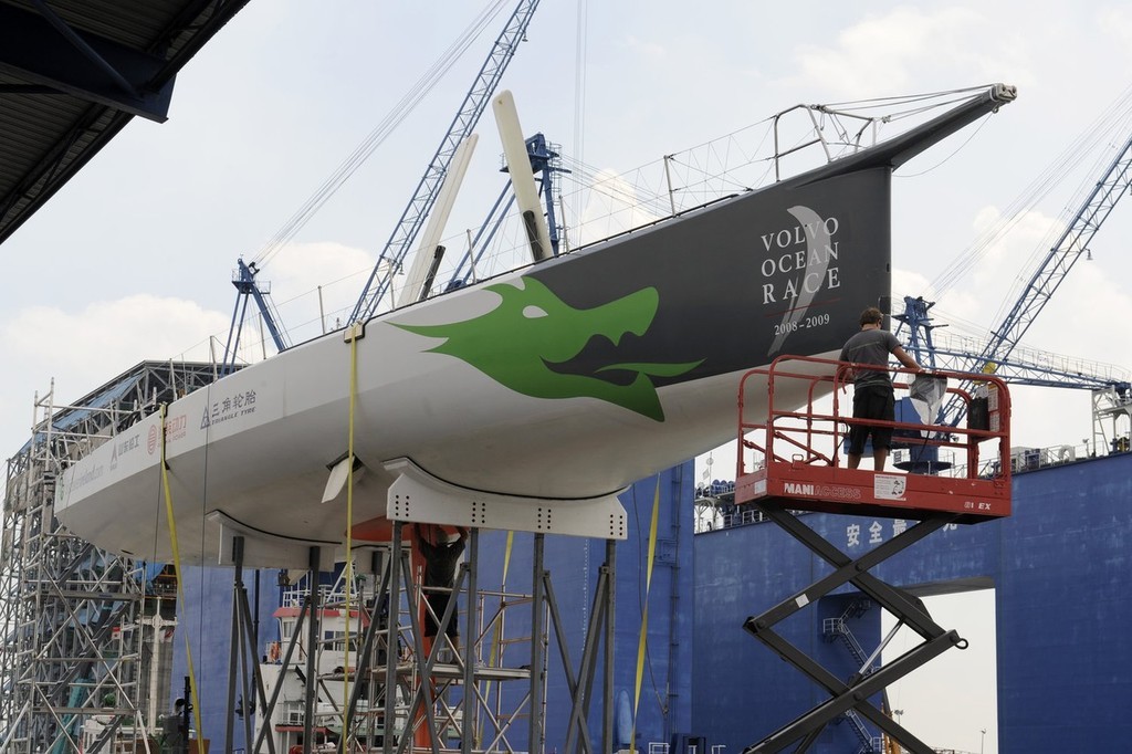 Green Dragon, in the haul-out area, during the Singapore stopover of the Volvo Ocean Race<br />
 © Rick Tomlinson/Volvo Ocean Race http://www.volvooceanrace.com