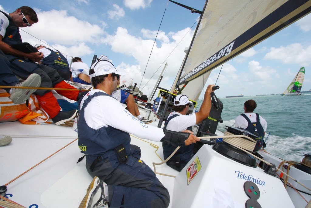Jordi Calafat is fine trimming the main while catching up with Green Dragon at the start of leg 4 of the Volvo Ocean Race © Gabriele Olivo/Telefonica Blue/Volvo Ocean Race http://www.volvooceanrace.org