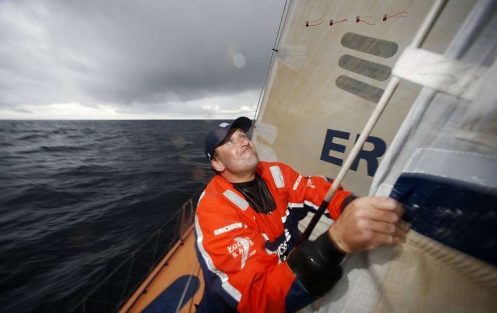 Anders Dahlsjo wrapping the staysail onboard Ericsson 3, on leg 4 of the Volvo Ocean Race from Singapore to Qingdao, China  © Gustav Morin/Ericsson Racing Team/Volvo Ocean Race http://www.volvooceanrace.org