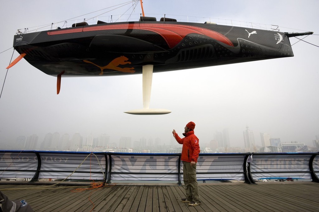 Puma Ocean Racing’s Il Mostro is lifted out of the water in Qingdao. The shore crew will work on the boat in readiness for the in port race and the next leg to Rio de Janeiro.<br />
<br />
 © Volvo Ocean Race http://www.volvooceanrace.com