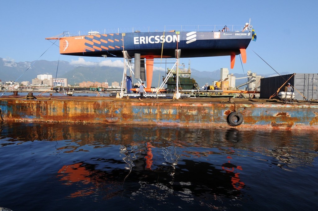 Ericsson 3 arrives in Hualien, Taiwan, where an 8 metre piece of the bow will be pulled out and replaced before they continue the remaining leg 4 journey to Qingdao. ©  David Kneale/Volvo Ocean Race http://www.volvooceanrace.com/