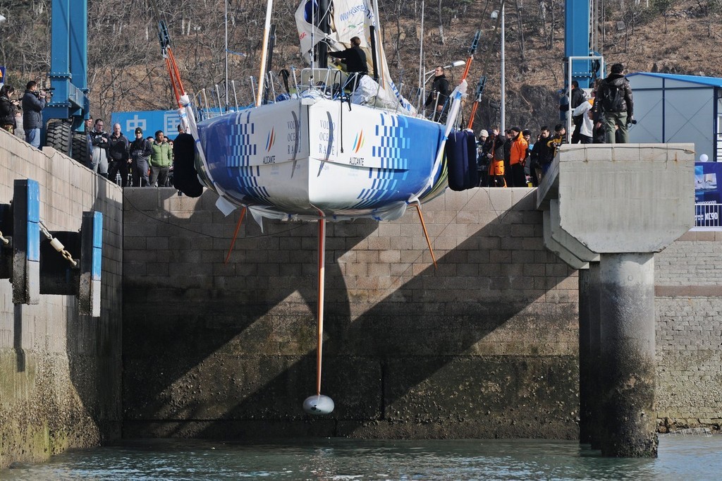 Telefonica Bliue is hauled in Qingdao for inspection and repairs.<br />
<br />
 ©  David Kneale/Volvo Ocean Race http://www.volvooceanrace.com/