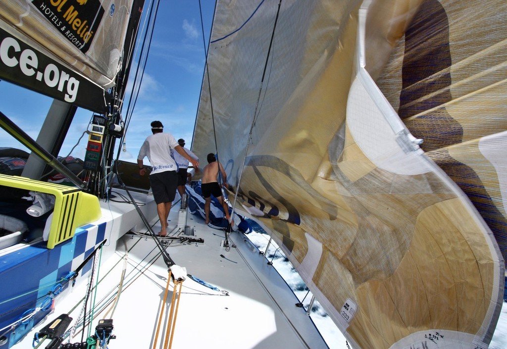 Sail changes on Telefonica Blue, on leg 5 of the Volvo Ocean Race, from Qingdao to Rio de Janeiro photo copyright Gabriele Olivo/Telefonica Blue/Volvo Ocean Race http://www.volvooceanrace.org taken at  and featuring the  class