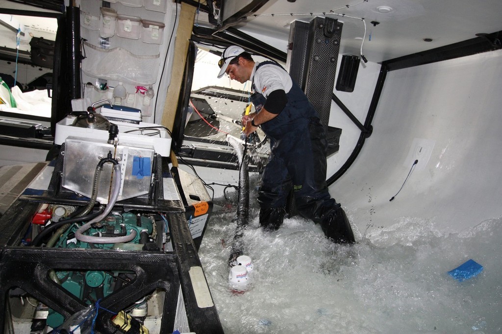 
Telefonica Blue, skippered by Bouwe Bekking (NED) take on water after running aground at the start of leg 9 from Marstrand to Stockholm photo copyright Gabriele Olivo/Telefonica Blue/Volvo Ocean Race http://www.volvooceanrace.org taken at  and featuring the  class