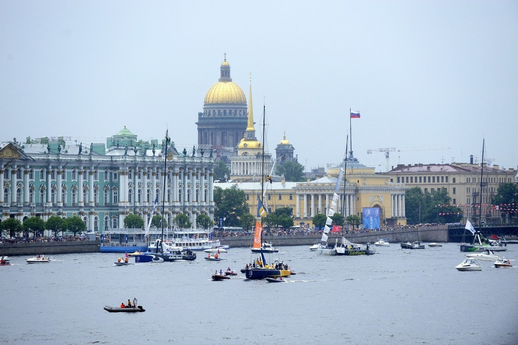 The fleet of Volvo Open 70’s parade down the river Neva into St Petersburg  city centre for the Leg 10 prize giving © Rick Tomlinson/Volvo Ocean Race http://www.volvooceanrace.com