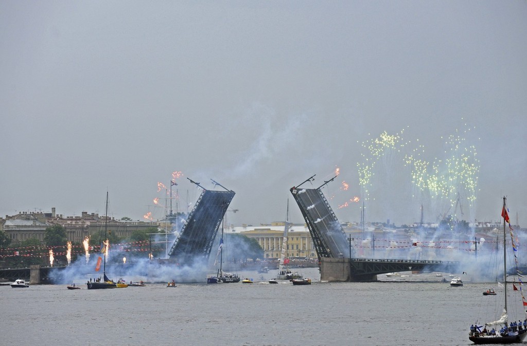 The fleet of Volvo Open 70’s parade down the river Neva into St Petersburg  city centre for the Leg 10 prize giving © Rick Tomlinson/Volvo Ocean Race http://www.volvooceanrace.com
