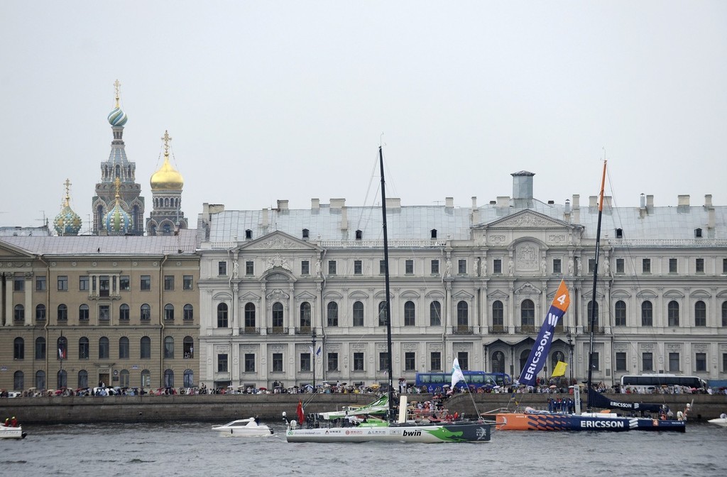 The fleet of Volvo Open 70’s parade down the river Neva into St Petersburg  city centre for the Leg 10 prize giving<br />
 © Rick Tomlinson/Volvo Ocean Race http://www.volvooceanrace.com