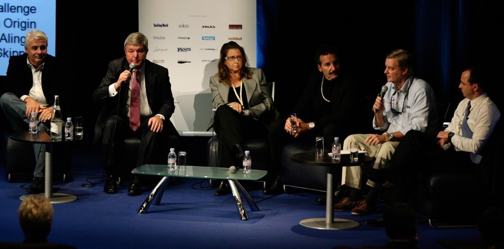 More interesting body language at the World Yacht Racing Forum  Picture shows, L-R, Brad Butterworth, Team Alinghi Skipper and Tactician, Sir Keith Mills, Team Origin Principal, Alessandra Pandarese, Legal Advisor, Paul Cayard, Olympic, Volvo and America's Cup Skipper, Tom Ehman BMW Oracle, head of external affairs and Stephan Kandler K-Challenge. photo copyright onEdition http://www.onEdition.com taken at  and featuring the  class