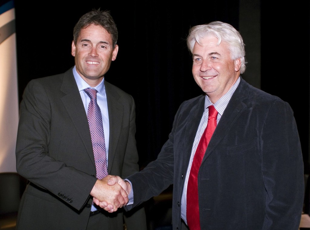 (L to R) Russell Coutts, CEO and Skipper, BMW Oracle Racing shaking hands with Brad Butterworth, Skipper and vice president, Team Alinghi after the America`s Cup debate at the 2009 World Yacht Racing Forum photo copyright onEdition http://www.onEdition.com taken at  and featuring the  class