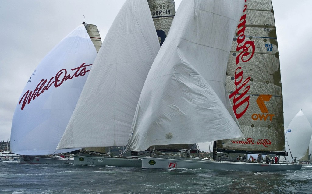 Three supermaxis in a row, Alfa Romeo (NZL), ICAP Leopard (GBR) and Wild Oats (AUS) Start of 2009 Rolex Sydney Hobart Race ©  Rolex/ Kurt Arrigo http://www.regattanews.com