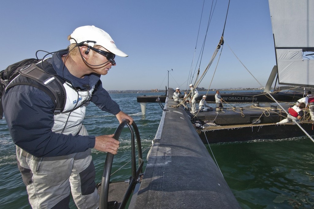 Spithill with his custom sunglasses display, and backpack containing a small computer to drive the system - or should the 34th America’s cup be more about 