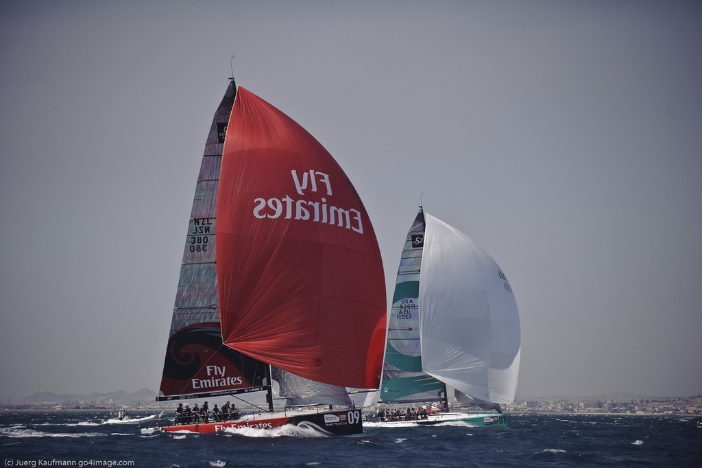 Emirates Team NZ flies on the final day of the Cagliari, Sardinia round of the 2009 Audi MedCup &copy; Juerg Kaufmann go4image.com http://www.go4image.com