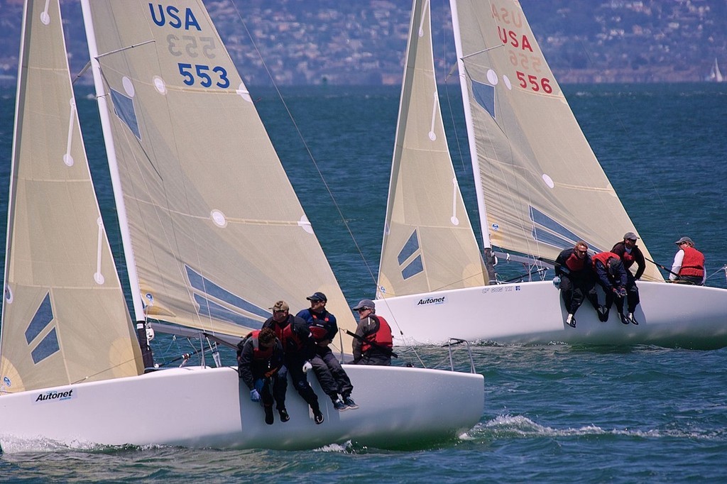 Second-place finisher, Bailout, skippered by Vincent Brun, ahead of Lounge Act, Loren Colahan, (eighth O/A) - Autonet Mobile Melges 24 US Nationals-San Francisco photo copyright Chuck Lantz http://www.ChuckLantz.com taken at  and featuring the  class