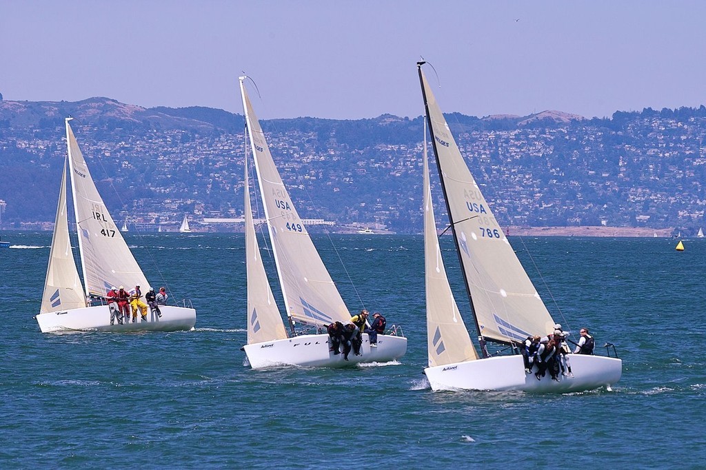 Nicely lined up, from the left: #417, JAM JAM, (21st O/A), #449, Flying Circus, (13th O/A) and #786, Battle Rhythm, (ninth O/A) - Autonet Mobile Melges 24 US Nationals-San Francisco © Chuck Lantz http://www.ChuckLantz.com