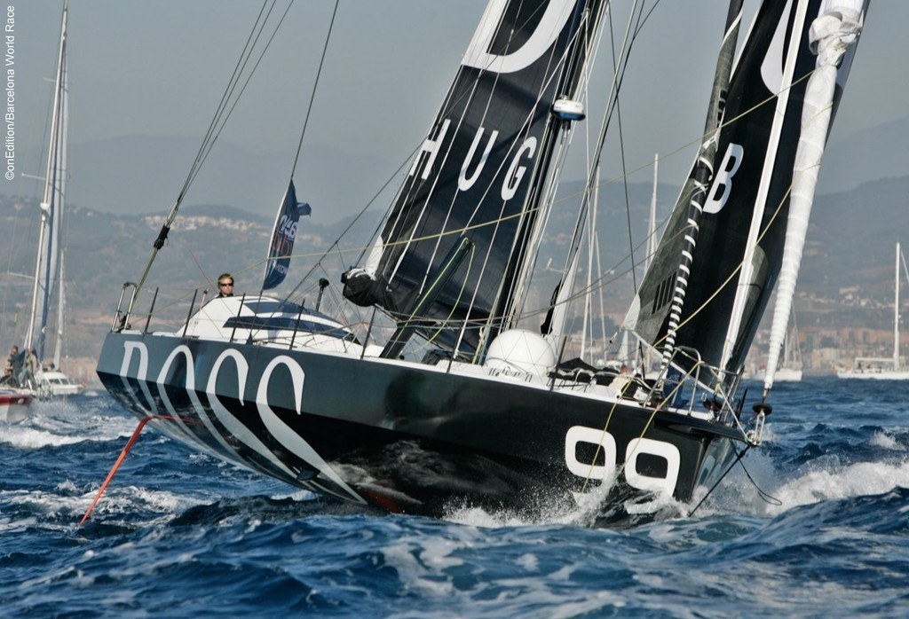 Alex Thomson (GBR) and Andrew Cape (AUS) power away from the start line at the beginning of the Barcelona World Race  Photo: OnEdition © Barcelona World Race http://www.barcelonaworldrace.org