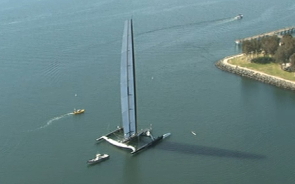 BOR90 hoists her wingmast for the first time off San Diego © Fox 5 www.fox5sandiego.com