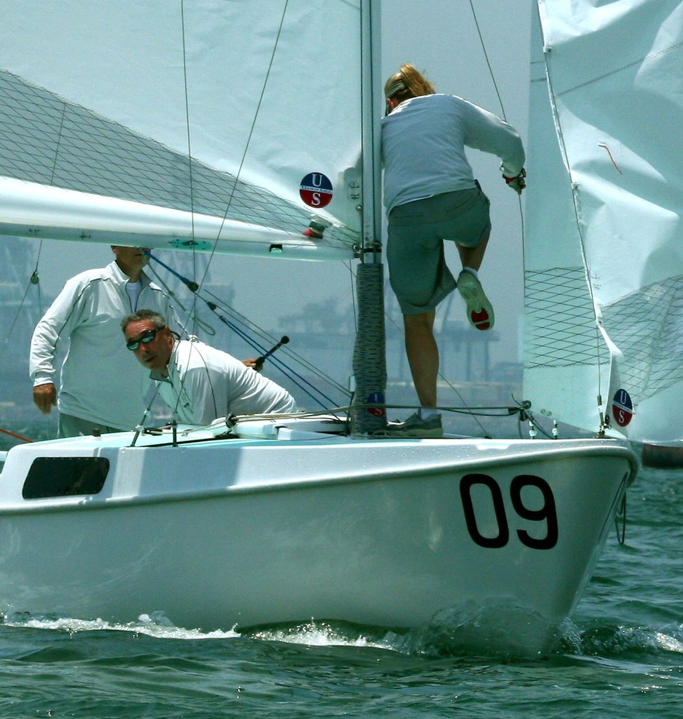 Stacie McLean high-steps through a jibe on hubby Doug’s boat  - Cal 20 Class Championship  © Rich Roberts http://www.UnderTheSunPhotos.com