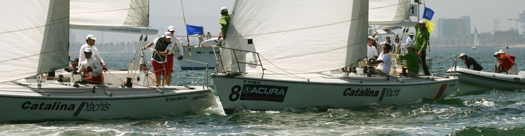 In a key incident Johnie Berntsson (l.) contacts Gavin Brady’s bow just before start of their first race -Day 5, 2008 Congressional Cup © Rich Roberts http://www.UnderTheSunPhotos.com