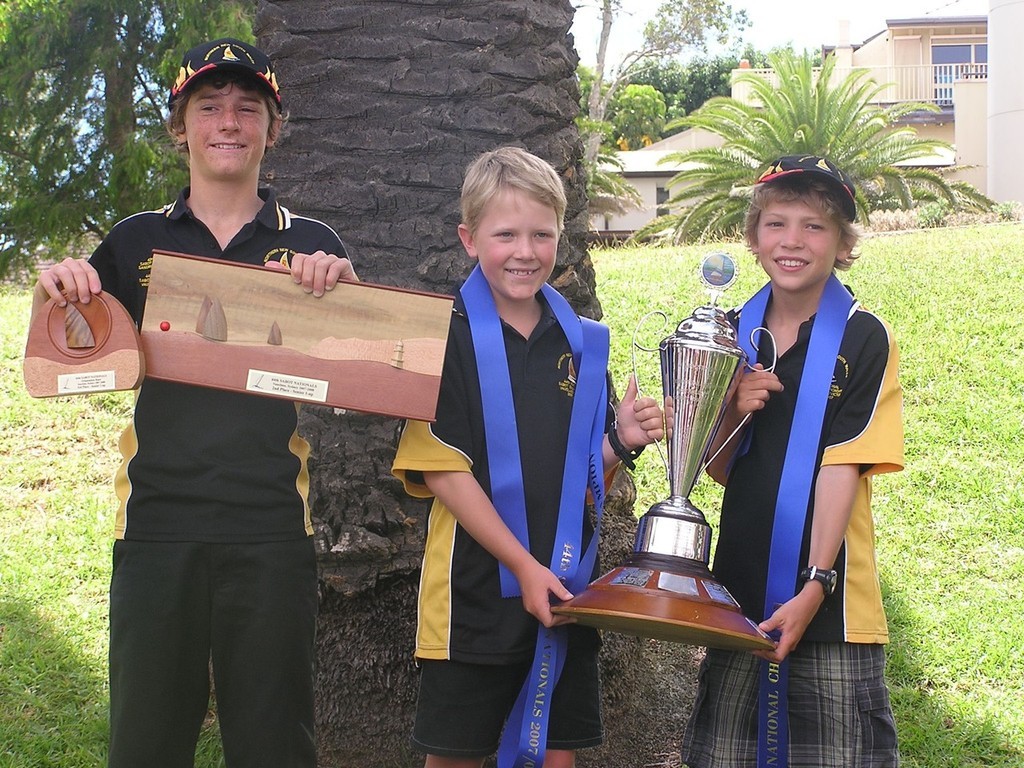 Matt Graham (second in seniors) and Kurt Hansen and Matthew Lang (first juniors) all from Gosford Sailing Club - 44th Australian Sabot Championship photo copyright John Payne http://www.johnpaynephoto.com taken at  and featuring the  class