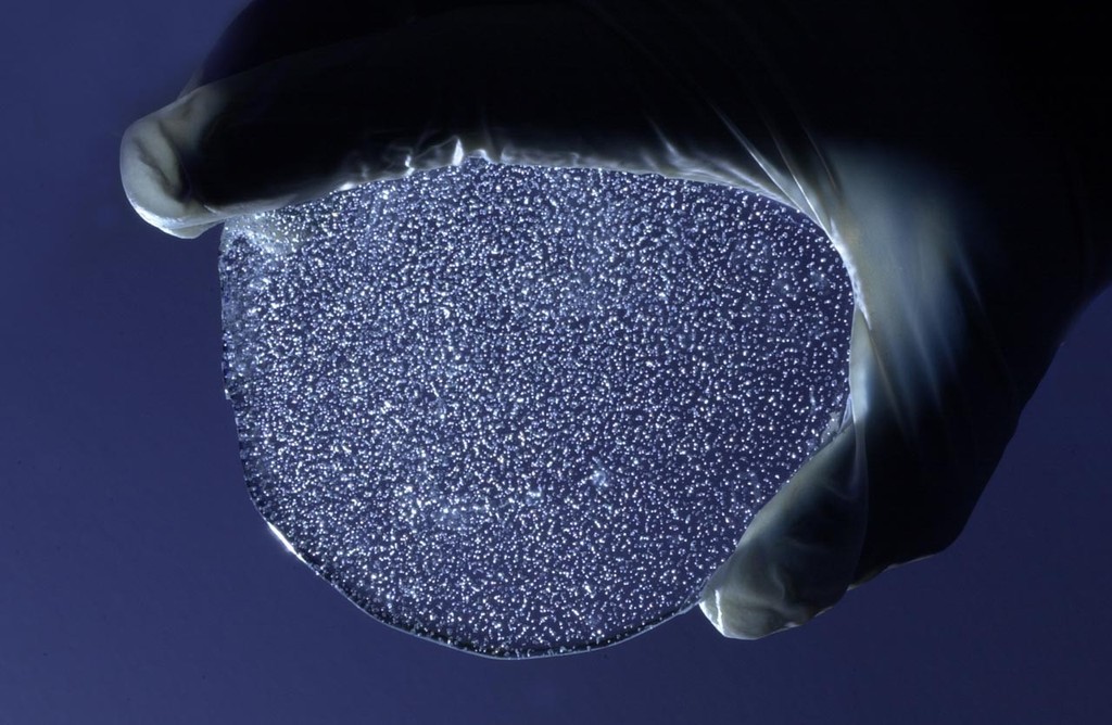 Slice of ice core from Berkner Island, depth 120m. Trapped air bubbles (an archive of the past atmosphere) are visible in the ice. photo copyright British Antarctic Survey http://www.antarctica.ac.uk taken at  and featuring the  class