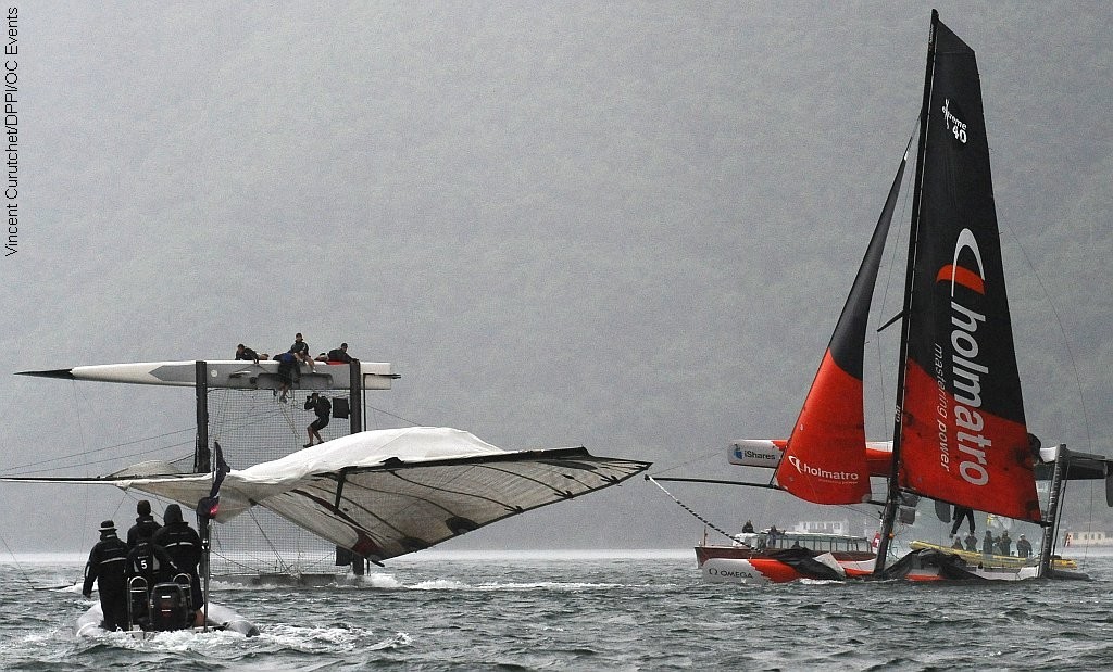 The iShares Cup day 1 Lugano - Alinghi / Holmatro capsize © Vincent Curutchet/DPPI/OC Events