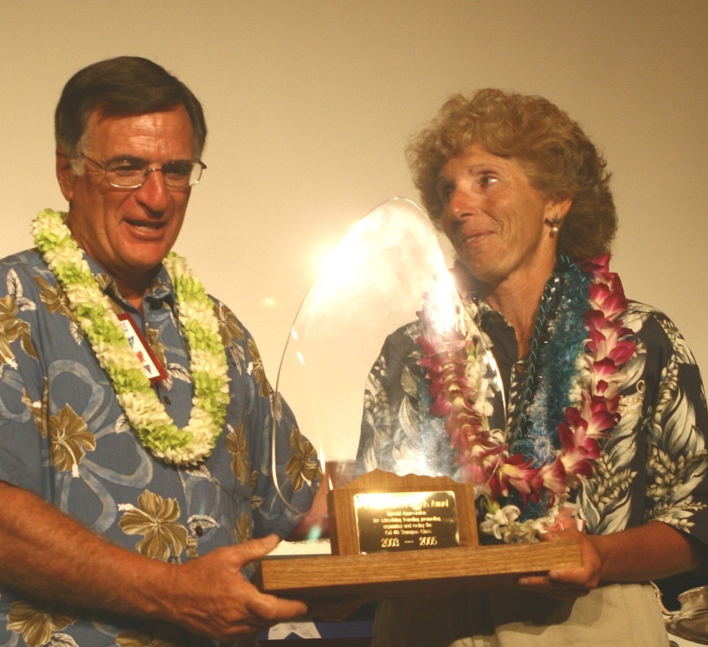 At the 2005 awards ceremonies in Waikiki, Wendy Siegal receives a special award from Transpacific Yacht Club Commodore Al Garnier for her work in resurrecting the Cal 40 class.  © Rich Roberts http://www.UnderTheSunPhotos.com