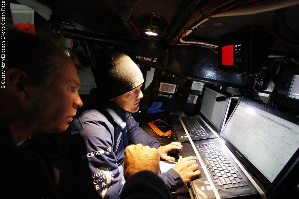 Aksel Magdahl and Thomas Johanson checking the weather charts onboard Ericsson 3 © Gustav Morin/Ericsson Racing Team/Volvo Ocean Race http://www.volvooceanrace.org