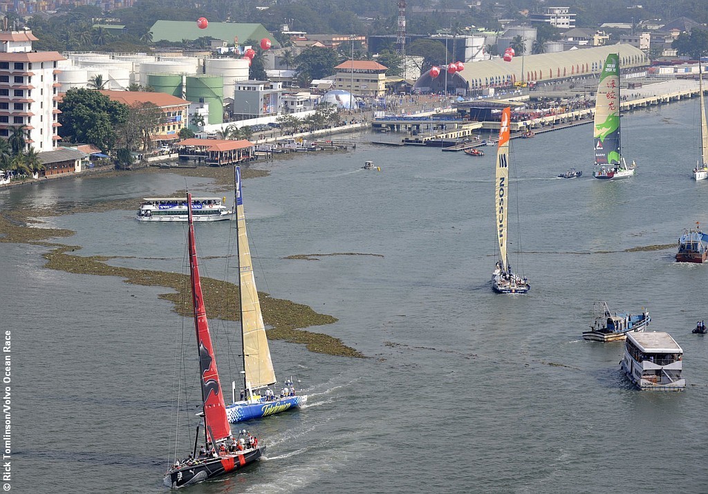 Volvo Open 70’s make their way to the start line for leg 3 of the Volvo Ocean Race, from Cochin, India to Singapore © Rick Tomlinson/Volvo Ocean Race http://www.volvooceanrace.com