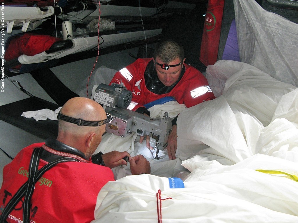Green Dragon make repairs to their A6 sail, on leg 2 of the Volvo Ocean Race. &copy; Guo Chuan/Green Dragon Racing/Volvo Ocean Race http://www.volvooceanrace.org